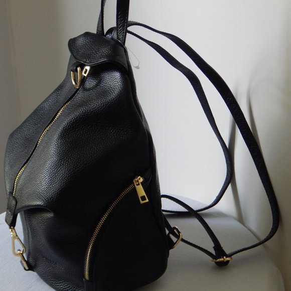NWT UNICA Genuine Pebble Leather Zipper Closure BLACK Backpack Made in Italy main image 7